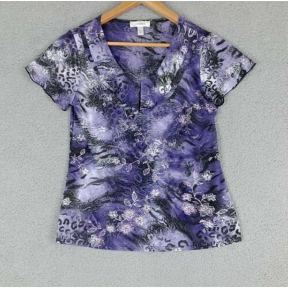 Dressbarn Womens S Glitter Top Embellished Purple Animal Print Collared Blouse